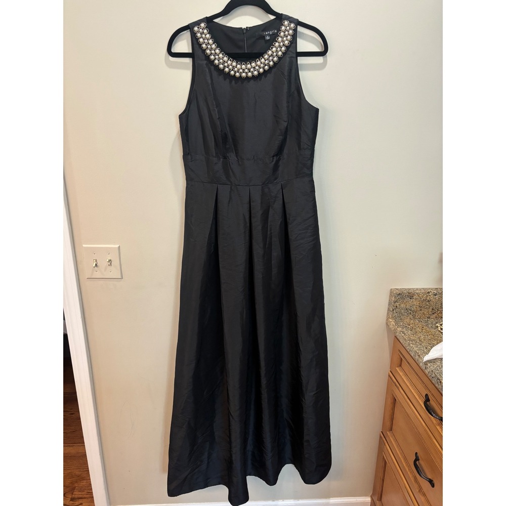 Sangria Black Pearl Beaded Neckline Maxi Dress Formal Occasion Size 8